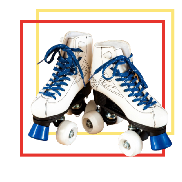 A pair of white roller skates with blue laces.
